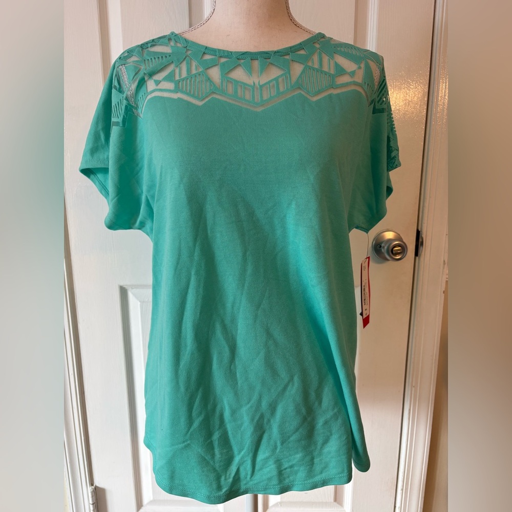 JCPenney Turquoise Blouse with Geometric Lace